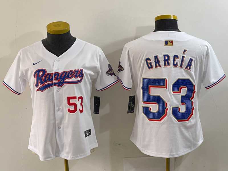 Women%27s Texas Rangers #53 Adolis Garcia Number White 2024 Gold Collection Limited Cool Base Jersey
